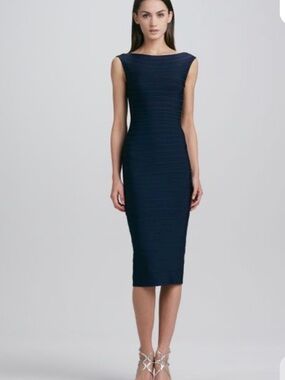 Herve Leger Navy Sleeveless Bandage Midi Dress